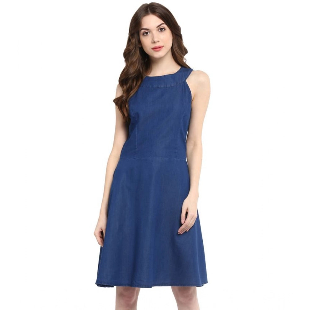 Snuggle Spot Women's Denim Solid Sleeveless Dress (Blue)