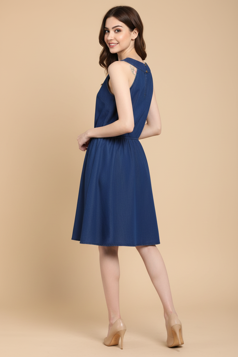 Snuggle Spot Women's Denim Solid Sleeveless Dress (Blue)