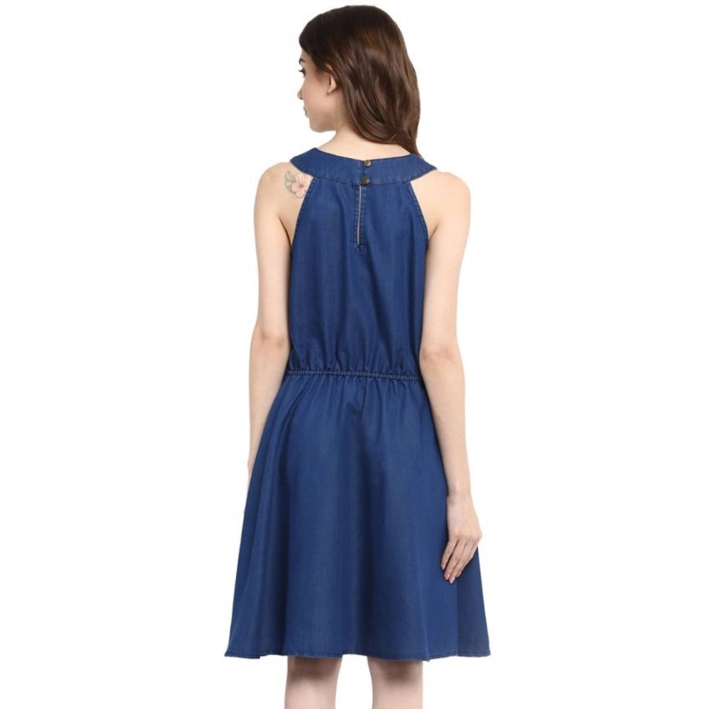 Snuggle Spot Women's Denim Solid Sleeveless Dress (Blue)