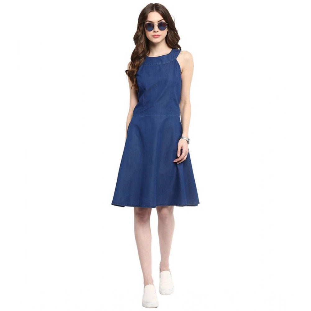Snuggle Spot Women's Denim Solid Sleeveless Dress (Blue)