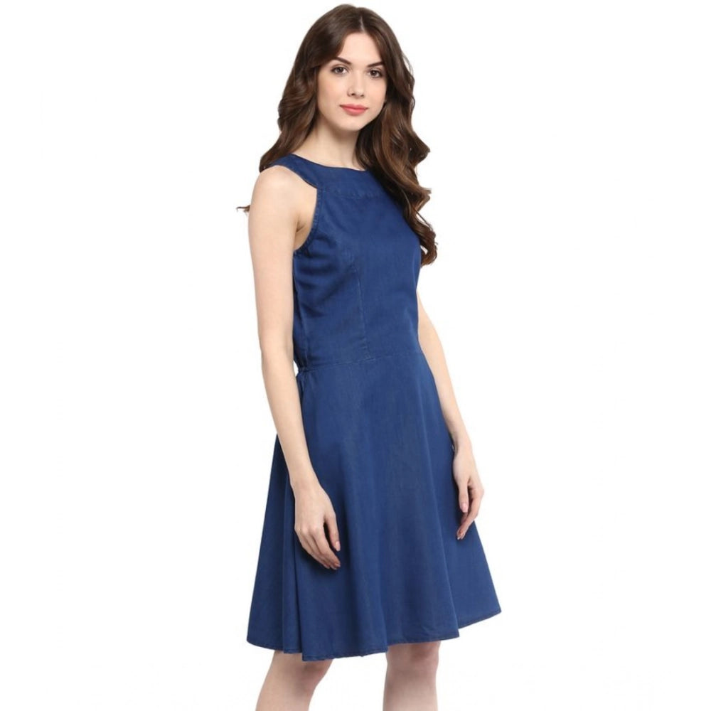 Snuggle Spot Women's Denim Solid Sleeveless Dress (Blue)