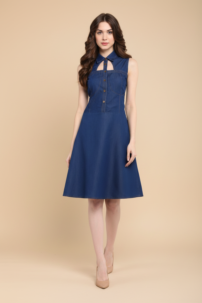 Snuggle Spot Women's Denim Solid Sleeveless Dress (Navy Blue)