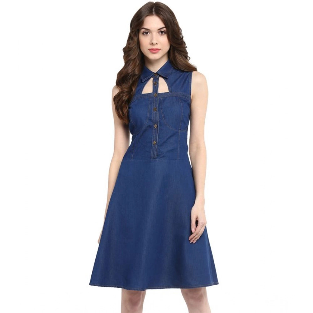 Snuggle Spot Women's Denim Solid Sleeveless Dress (Navy Blue)