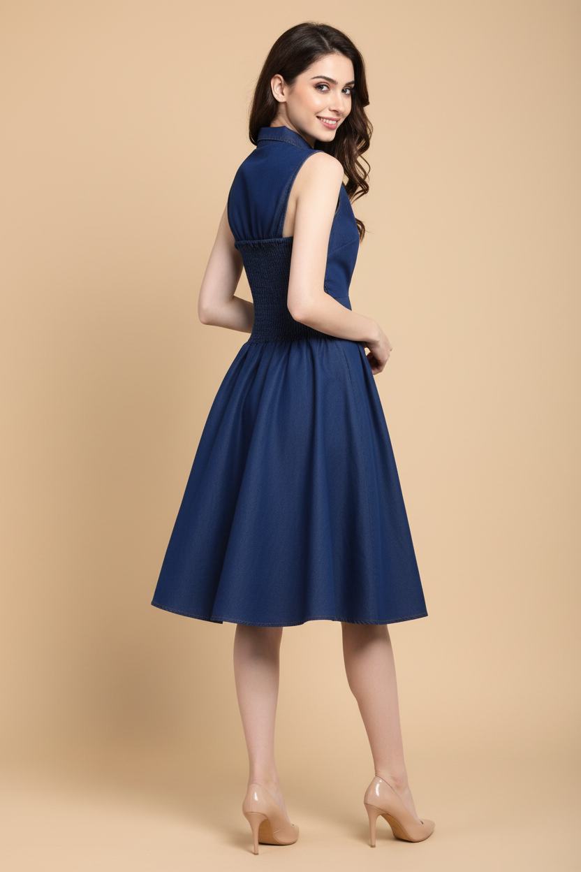 Snuggle Spot Women's Denim Solid Sleeveless Dress (Navy Blue)