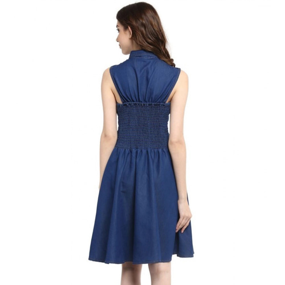 Snuggle Spot Women's Denim Solid Sleeveless Dress (Navy Blue)