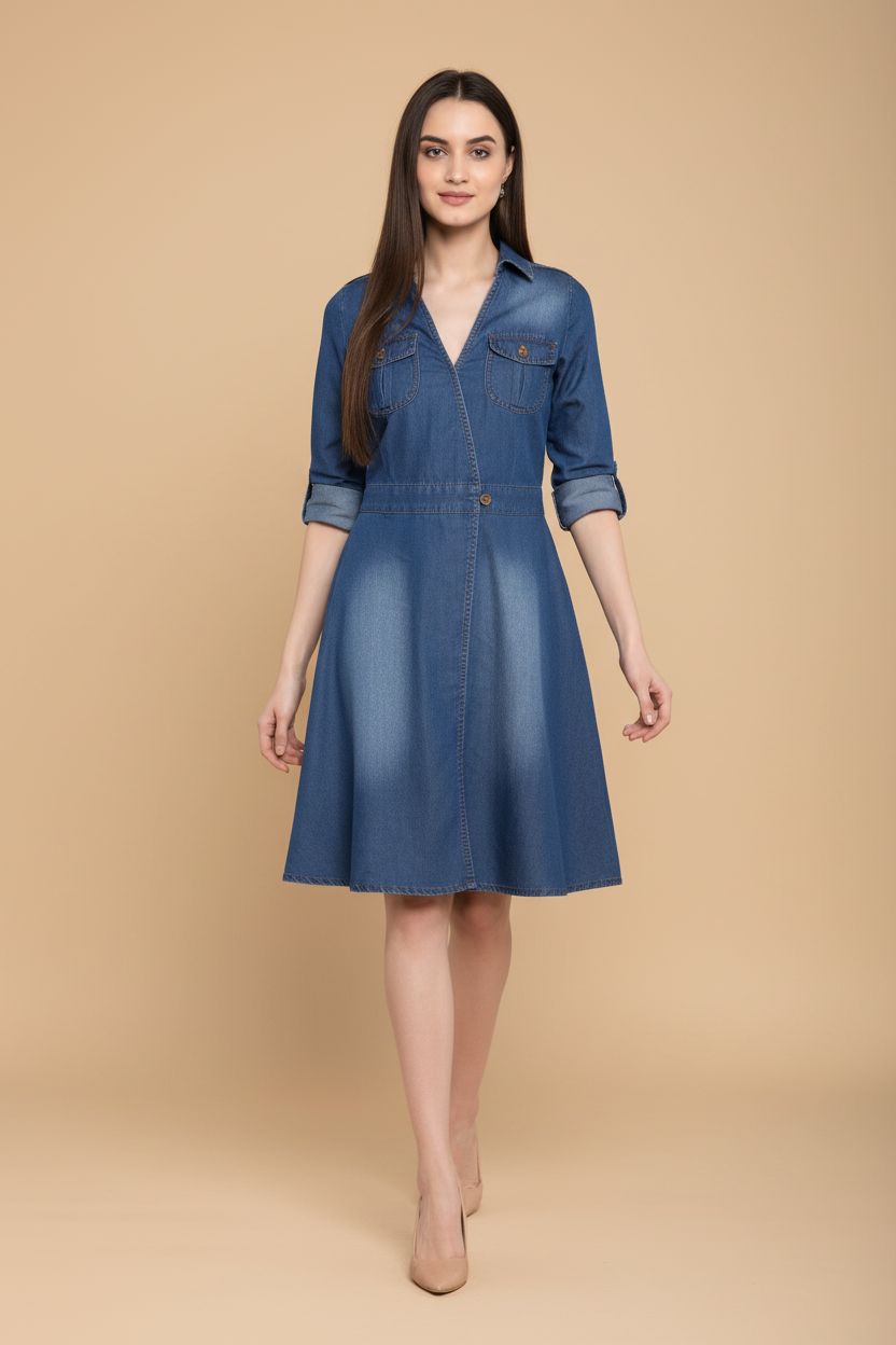 Snuggle Spot Women's Denim Solid Roll Up Sleeve Dress (Blue)