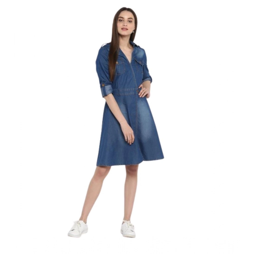 Snuggle Spot Women's Denim Solid Roll Up Sleeve Dress (Blue)
