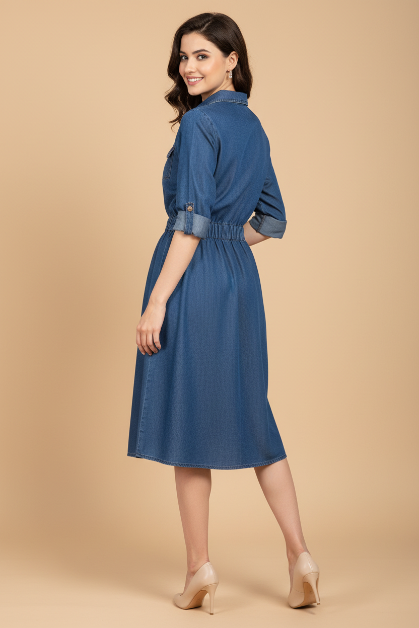 Snuggle Spot Women's Denim Solid Roll Up Sleeve Dress (Blue)