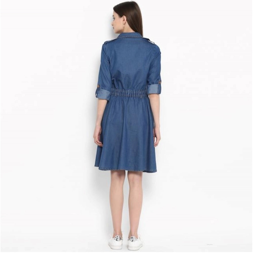Snuggle Spot Women's Denim Solid Roll Up Sleeve Dress (Blue)
