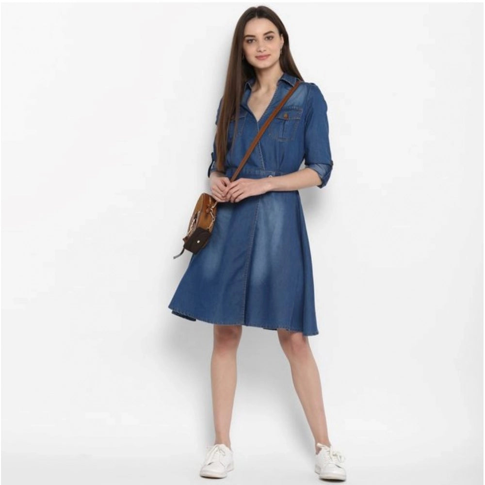Snuggle Spot Women's Denim Solid Roll Up Sleeve Dress (Blue)