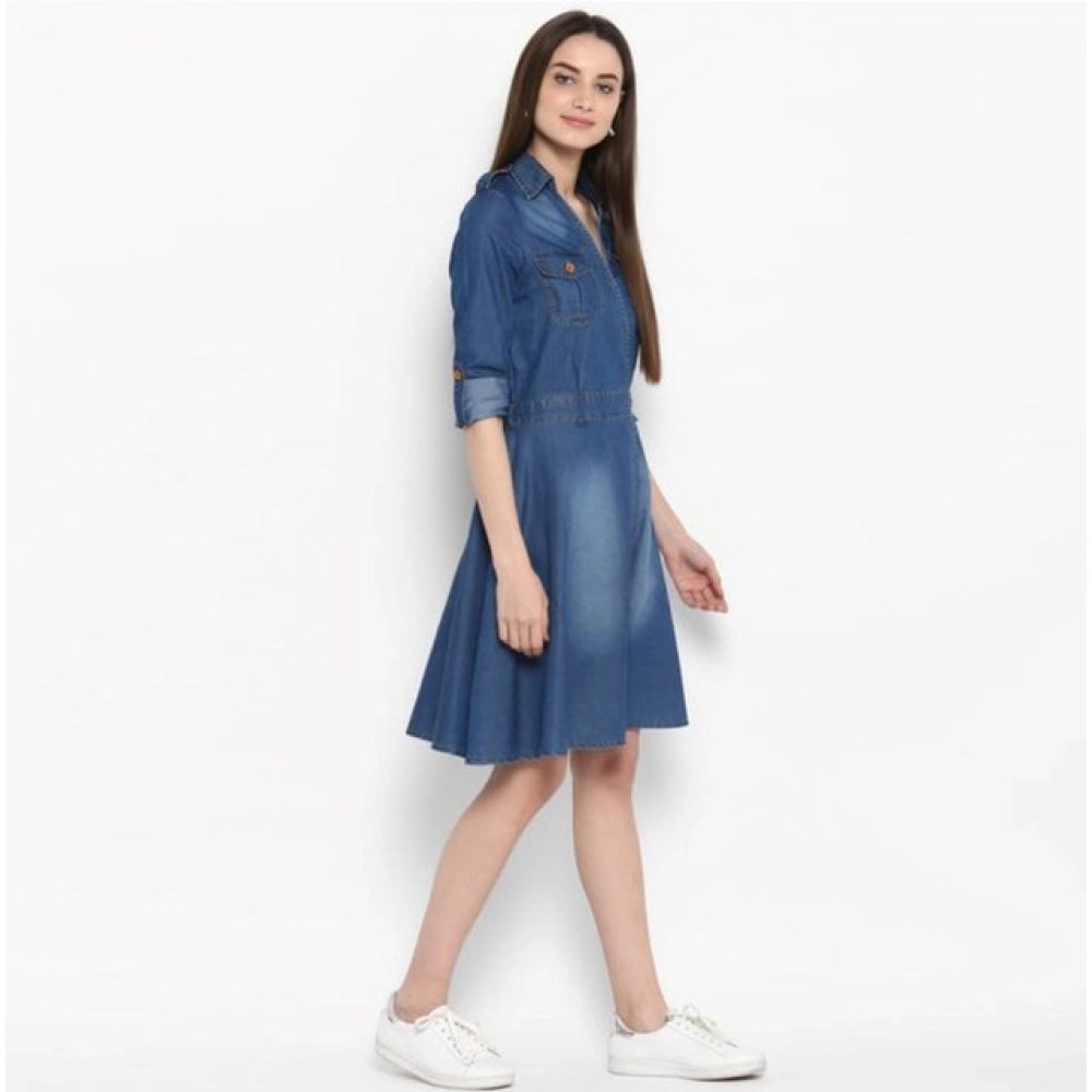 Snuggle Spot Women's Denim Solid Roll Up Sleeve Dress (Blue)