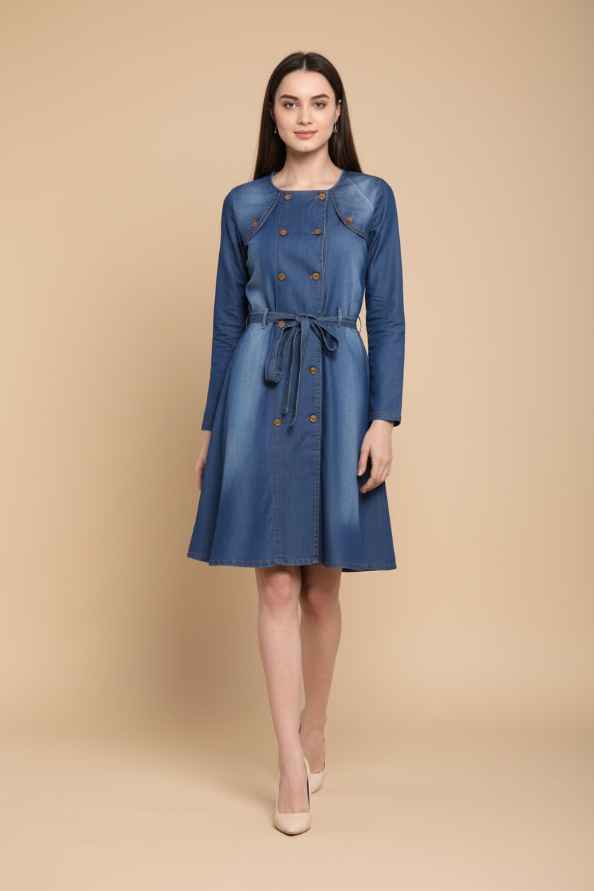 Snuggle Spot Women's Denim Washed Regular Sleeves Dress (Blue)