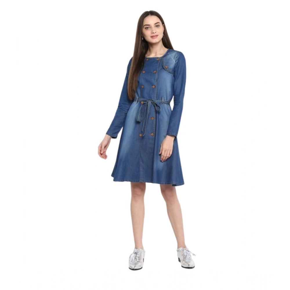 Snuggle Spot Women's Denim Washed Regular Sleeves Dress (Blue)