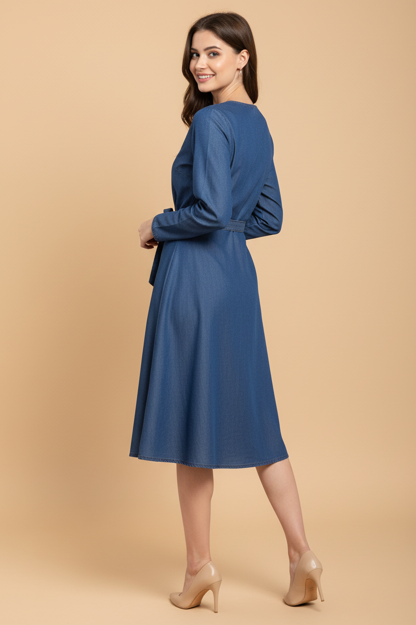Snuggle Spot Women's Denim Washed Regular Sleeves Dress (Blue)