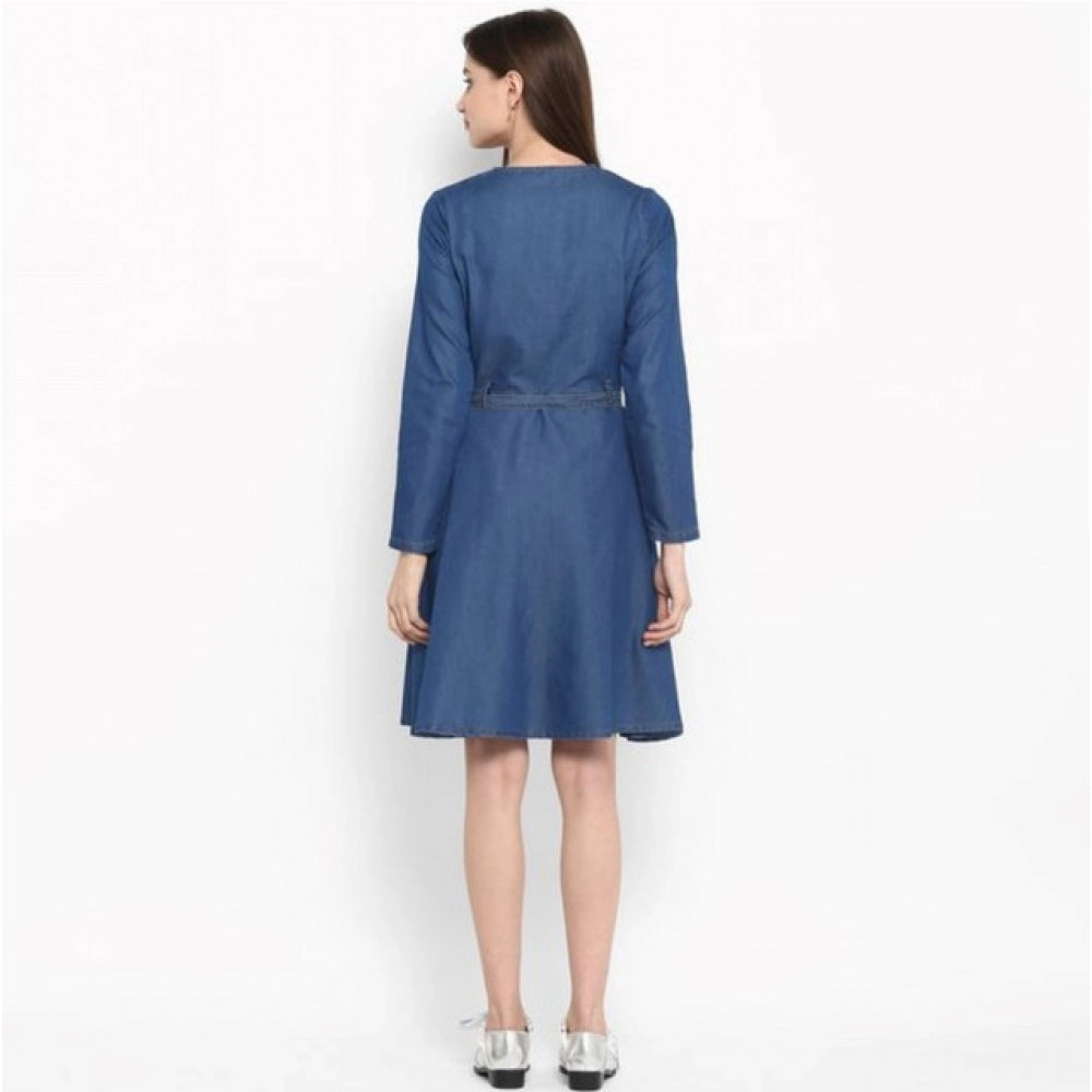 Snuggle Spot Women's Denim Washed Regular Sleeves Dress (Blue)