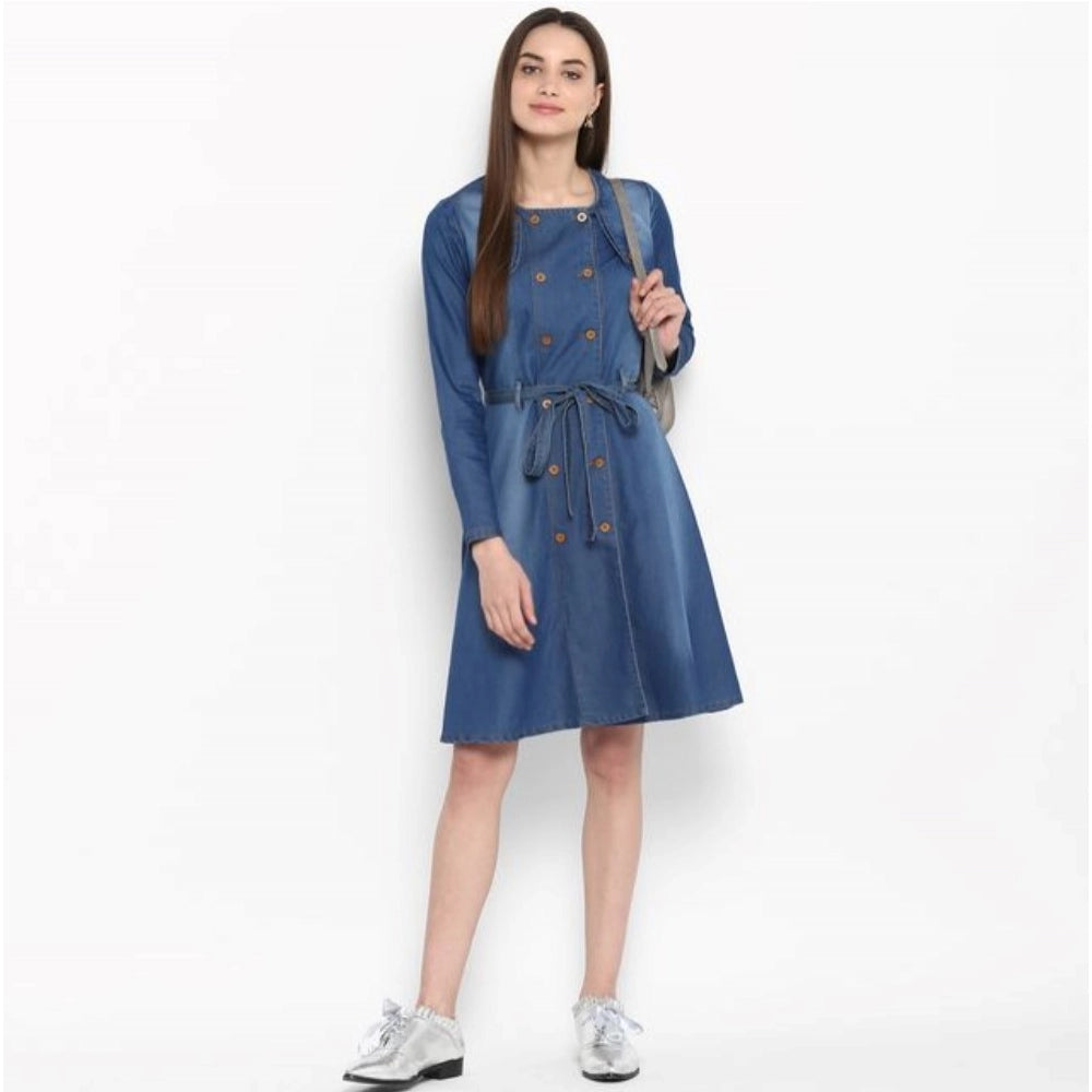 Snuggle Spot Women's Denim Washed Regular Sleeves Dress (Blue)