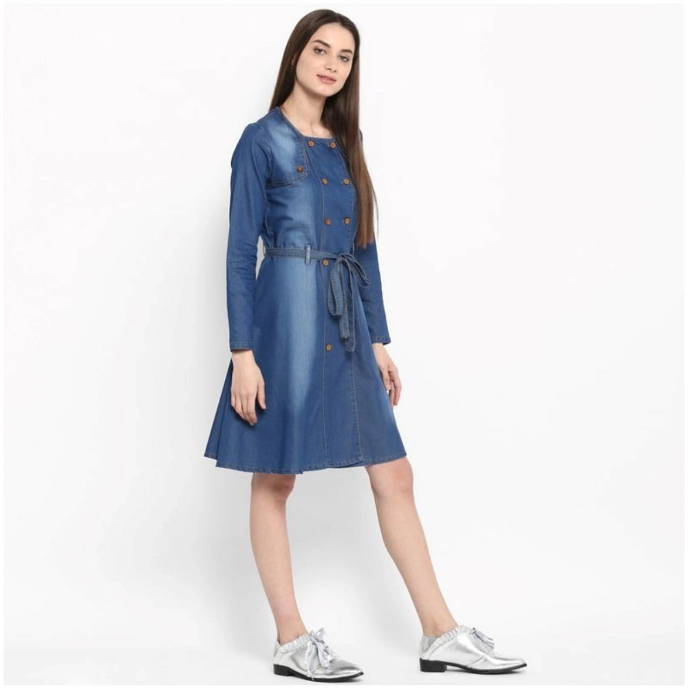 Snuggle Spot Women's Denim Washed Regular Sleeves Dress (Blue)