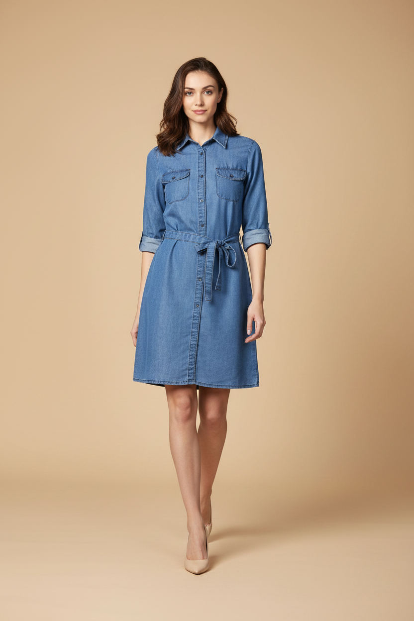 Snuggle Spot Women's Denim Solid Roll Up Sleeve Dress (Blue)