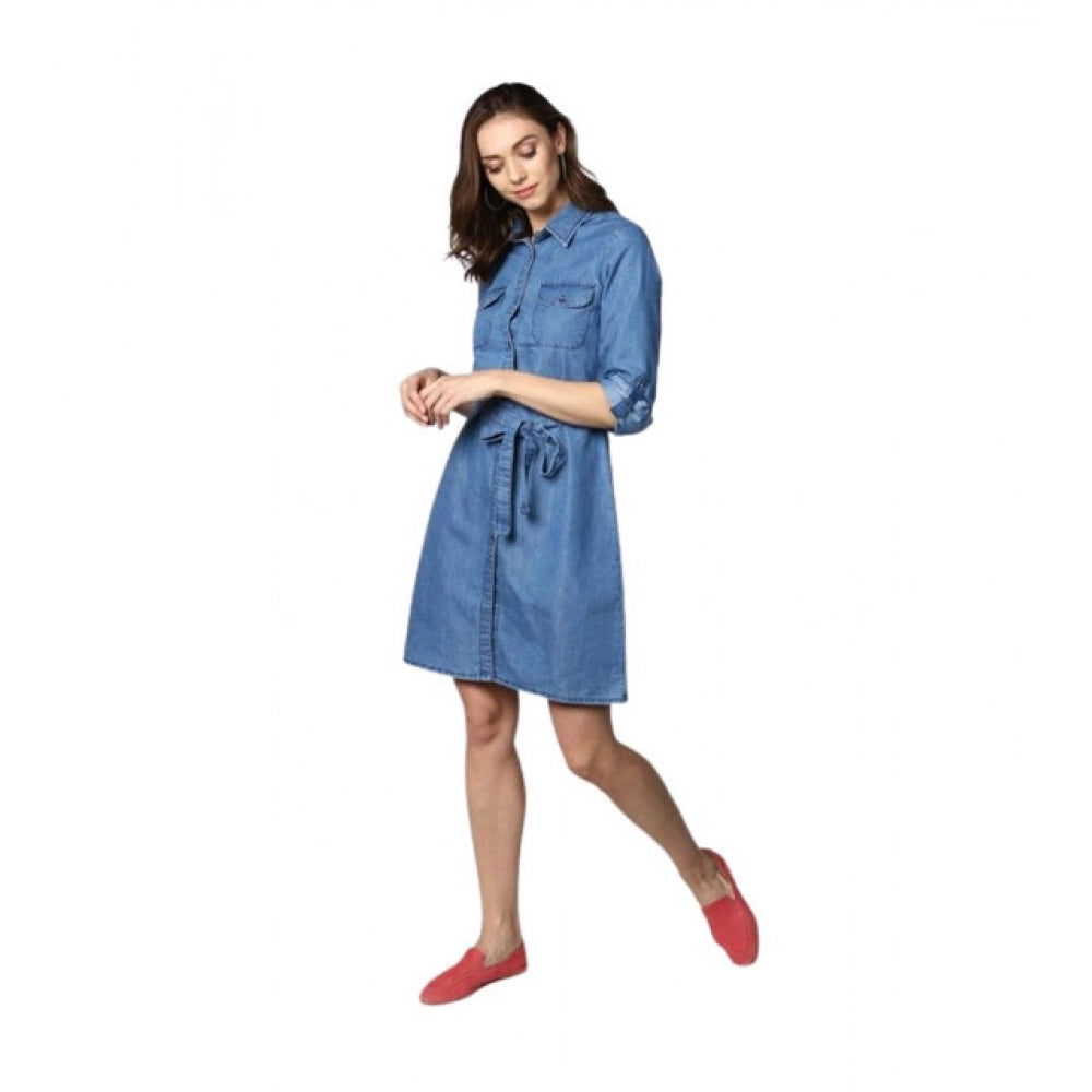 Snuggle Spot Women's Denim Solid Roll Up Sleeve Dress (Blue)