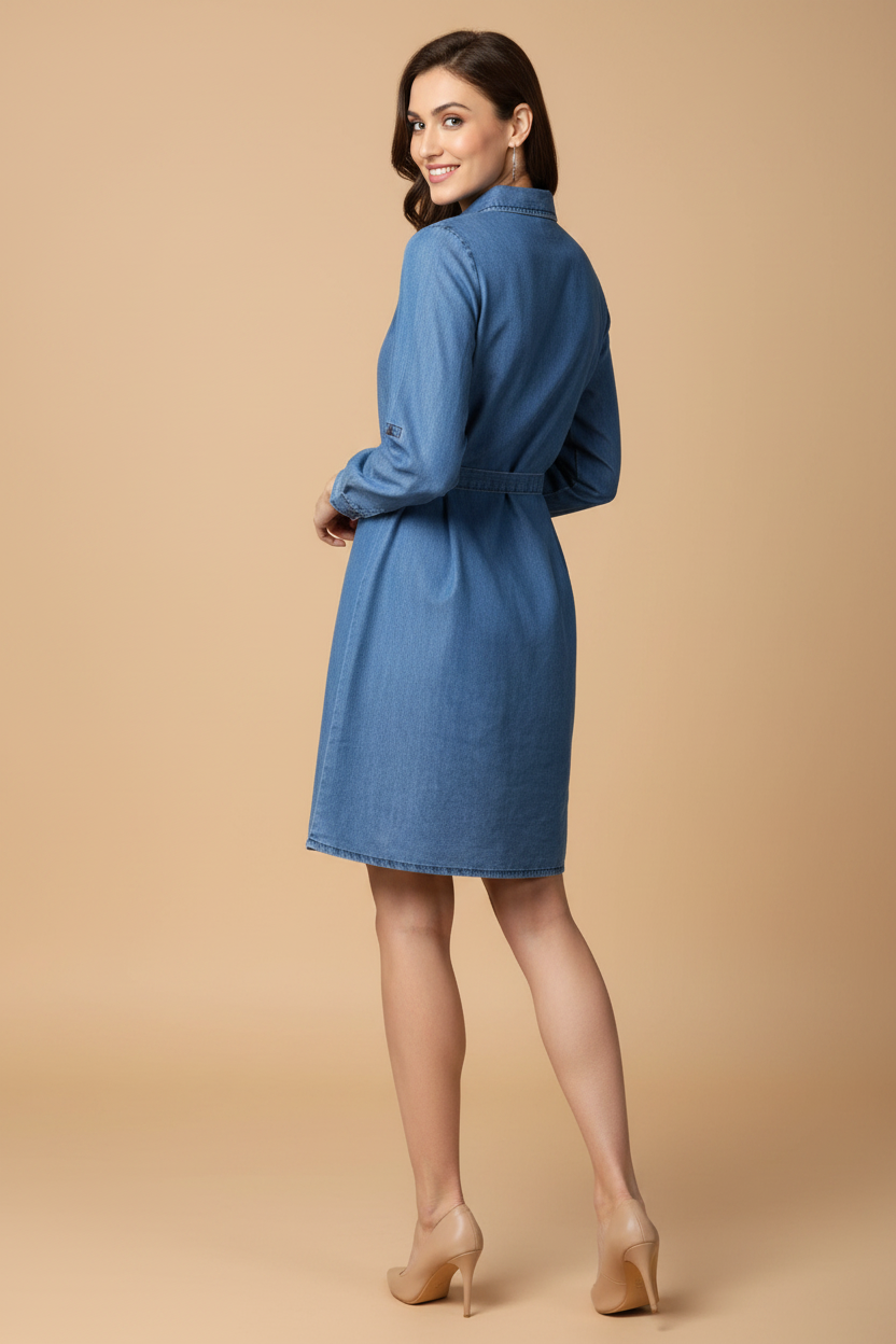 Snuggle Spot Women's Denim Solid Roll Up Sleeve Dress (Blue)