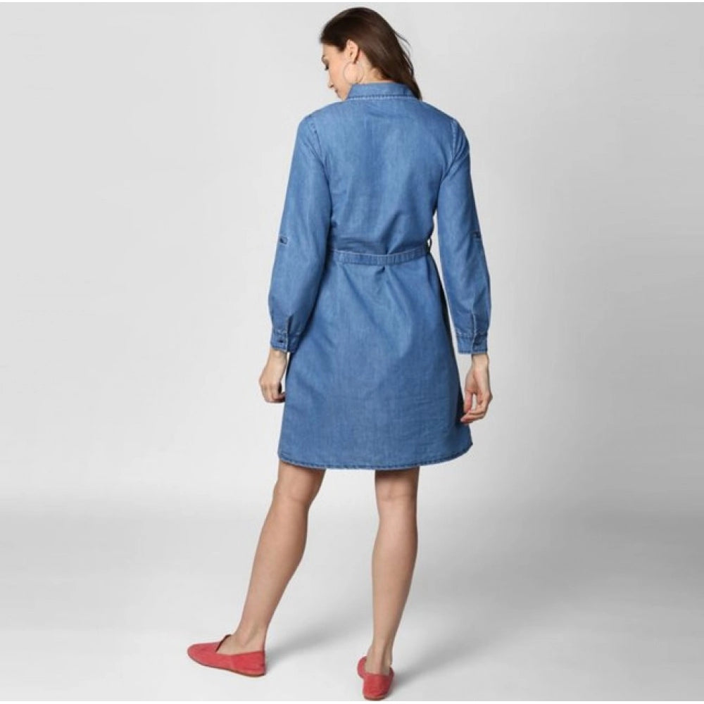 Snuggle Spot Women's Denim Solid Roll Up Sleeve Dress (Blue)