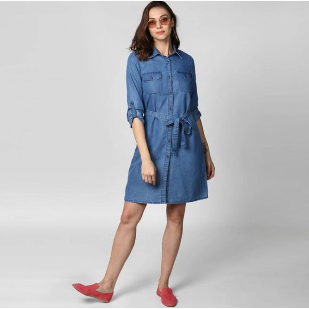 Snuggle Spot Women's Denim Solid Roll Up Sleeve Dress (Blue)
