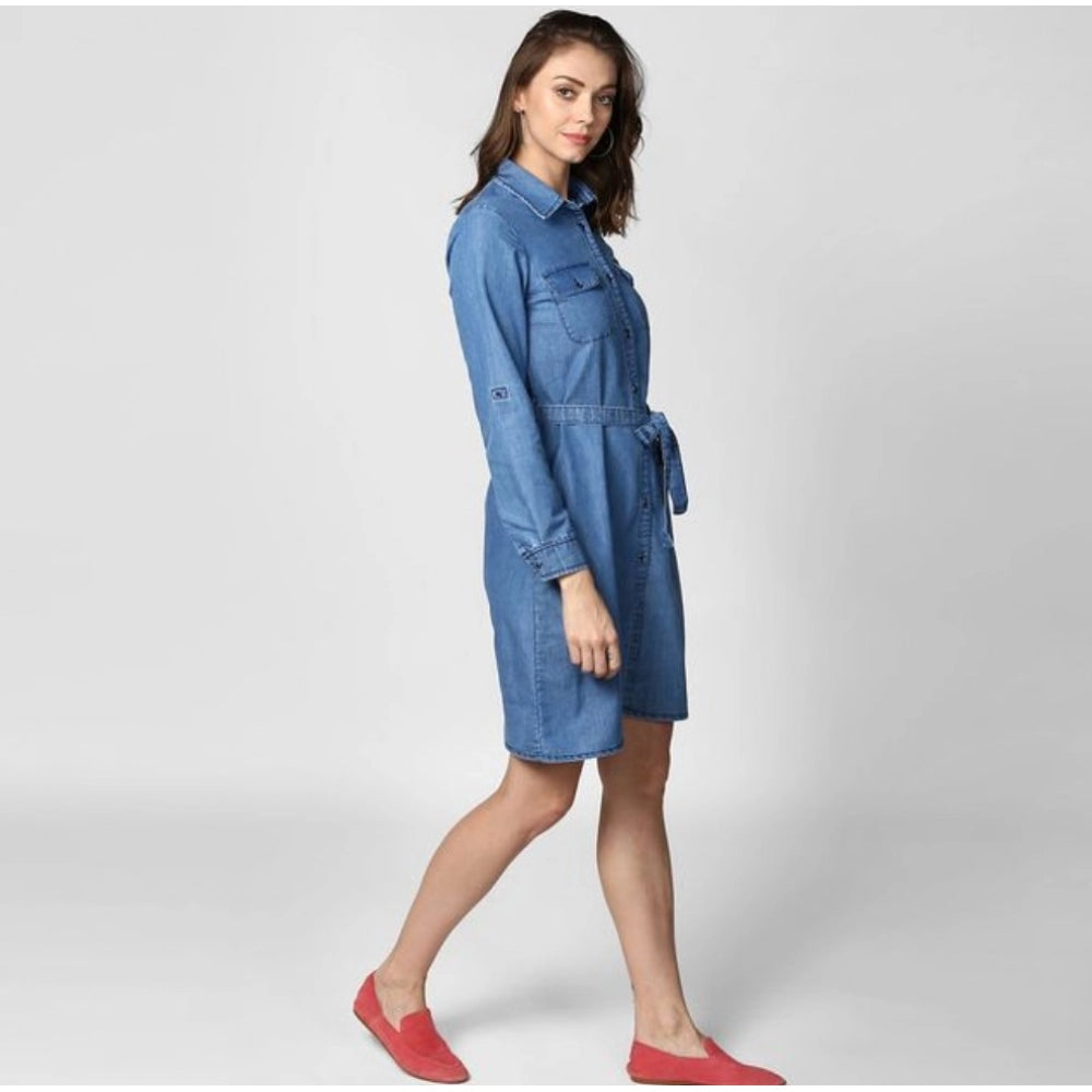 Snuggle Spot Women's Denim Solid Roll Up Sleeve Dress (Blue)