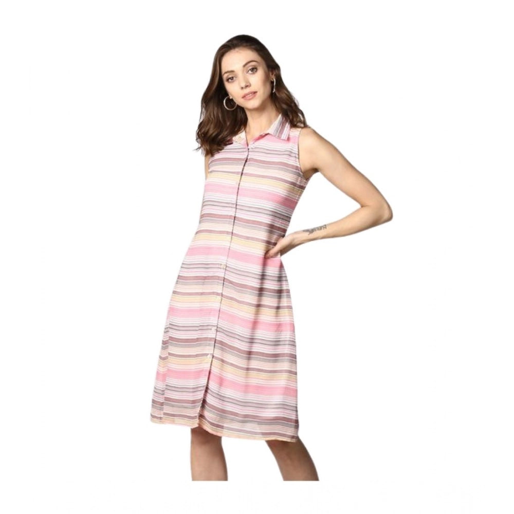 Snuggle Spot Women's Polyester Striped Sleeveless Dress (Pink)