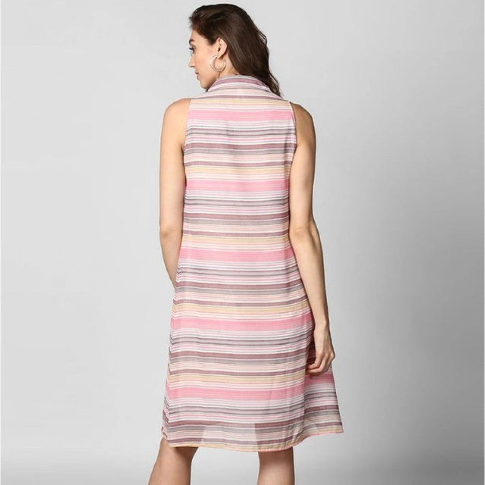 Snuggle Spot Women's Polyester Striped Sleeveless Dress (Pink)