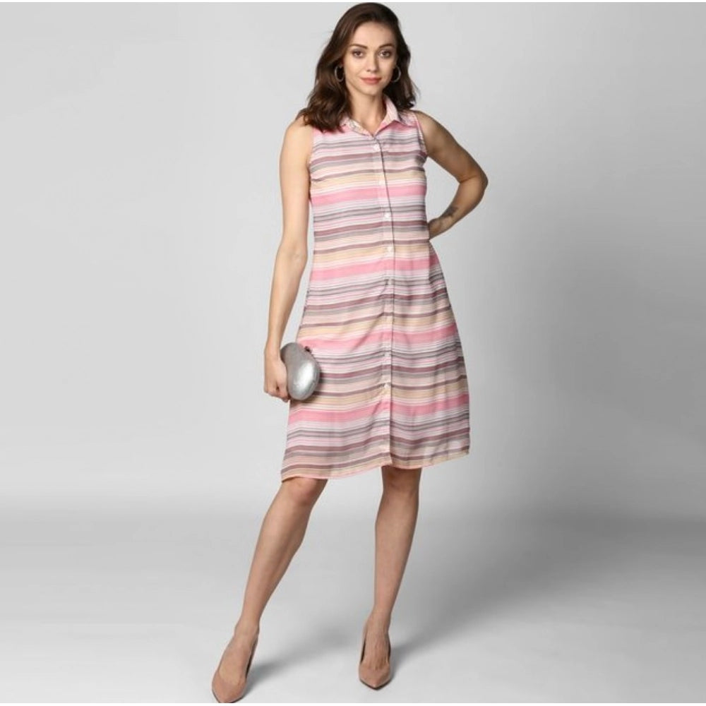 Snuggle Spot Women's Polyester Striped Sleeveless Dress (Pink)