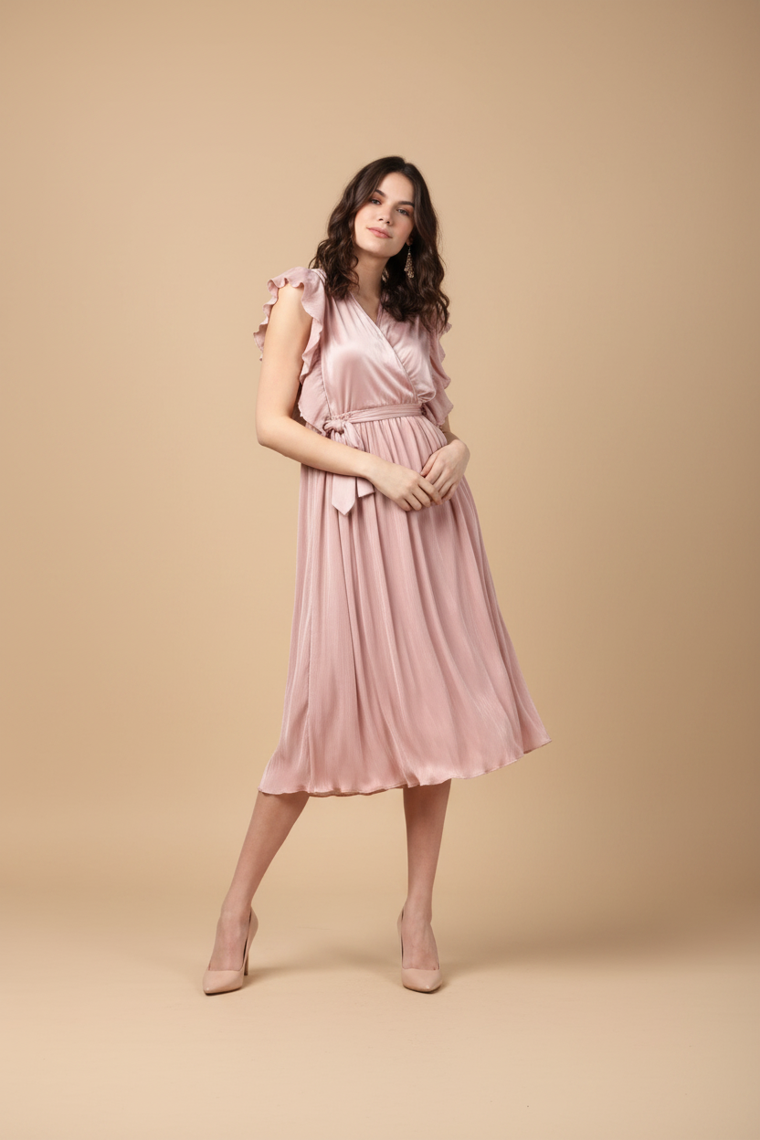 Snuggle Spot Women's Polyester Pleated Flutter Dress (Champagne Gold)