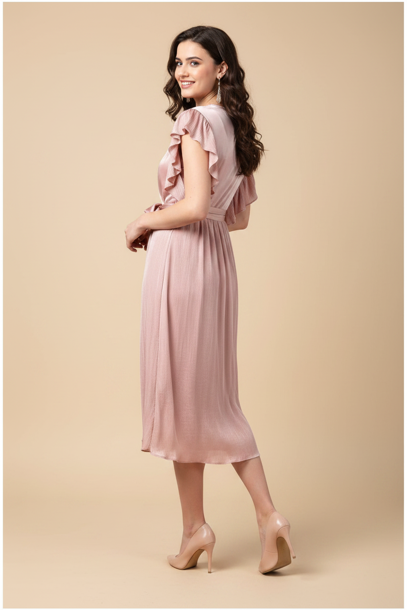 Snuggle Spot Women's Polyester Pleated Flutter Dress (Champagne Gold)