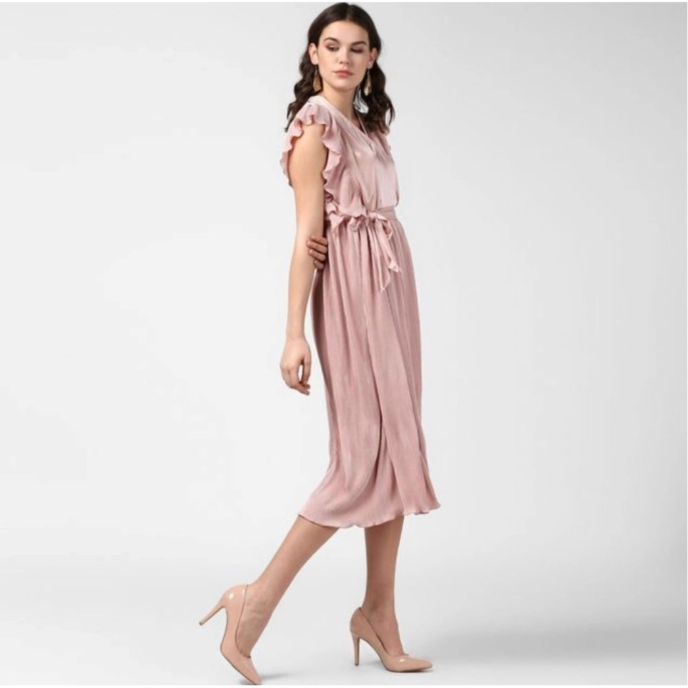 Snuggle Spot Women's Polyester Pleated Flutter Dress (Champagne Gold)