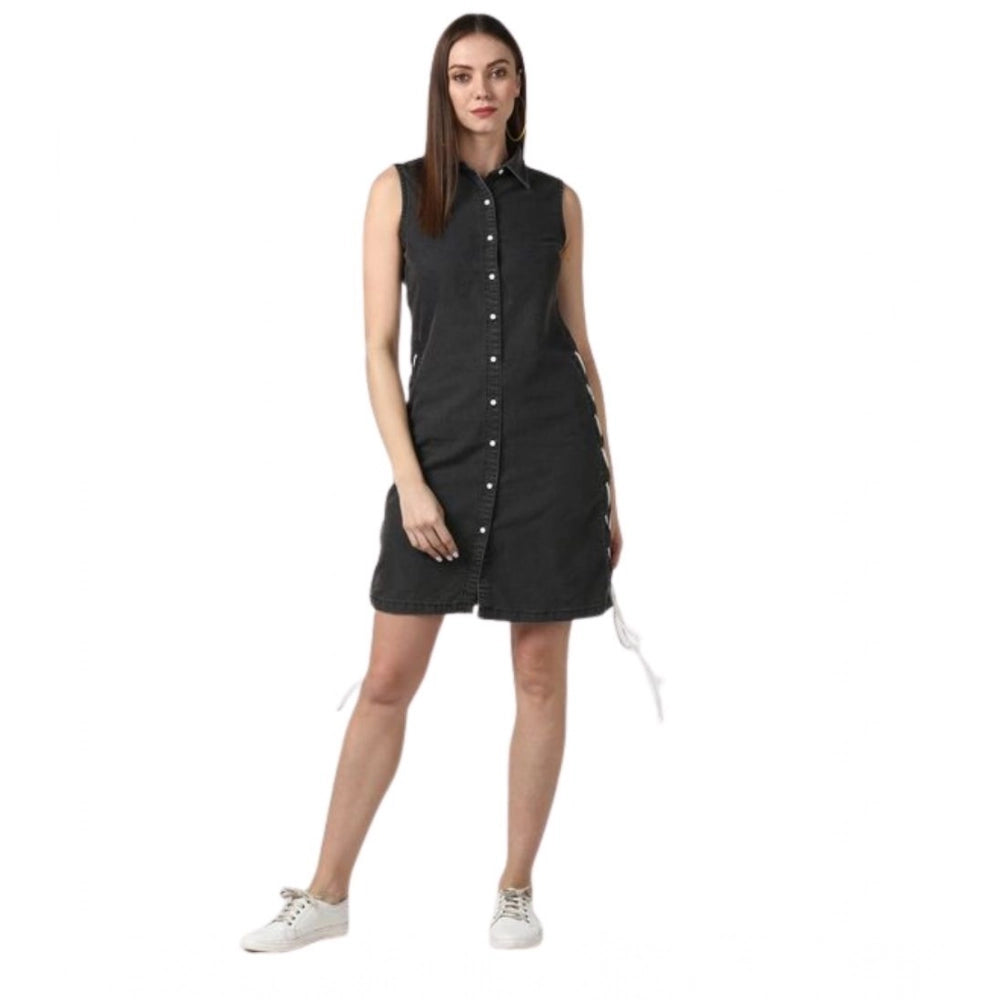 Snuggle Spot Women's Denim Solid Sleeveless Dress (Black)