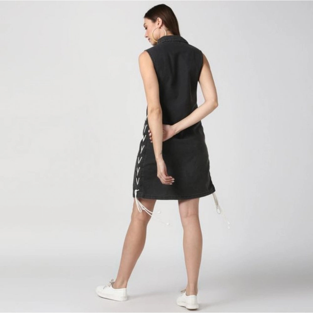 Snuggle Spot Women's Denim Solid Sleeveless Dress (Black)
