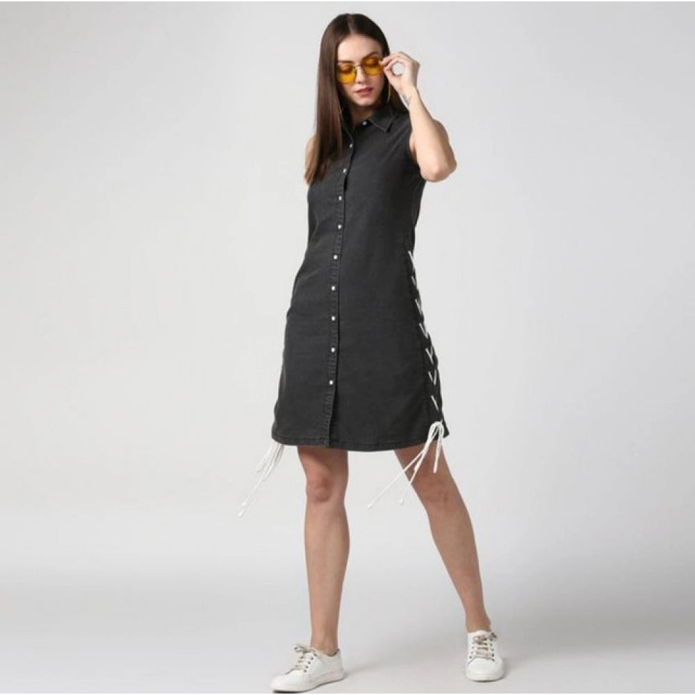 Snuggle Spot Women's Denim Solid Sleeveless Dress (Black)
