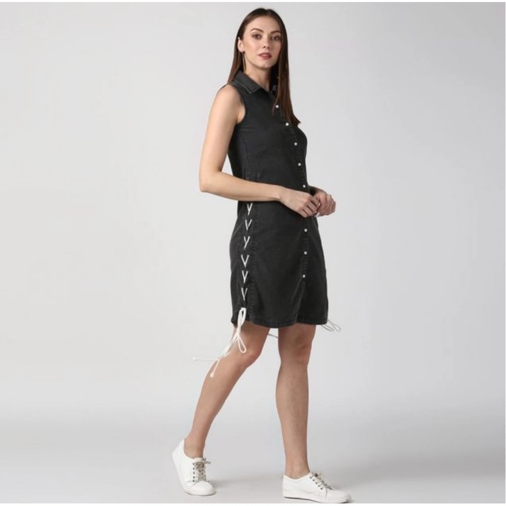 Snuggle Spot Women's Denim Solid Sleeveless Dress (Black)
