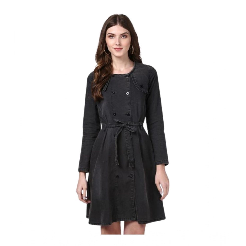 Snuggle Spot Women's Denim Washed Long Sleeves Dress (Black)