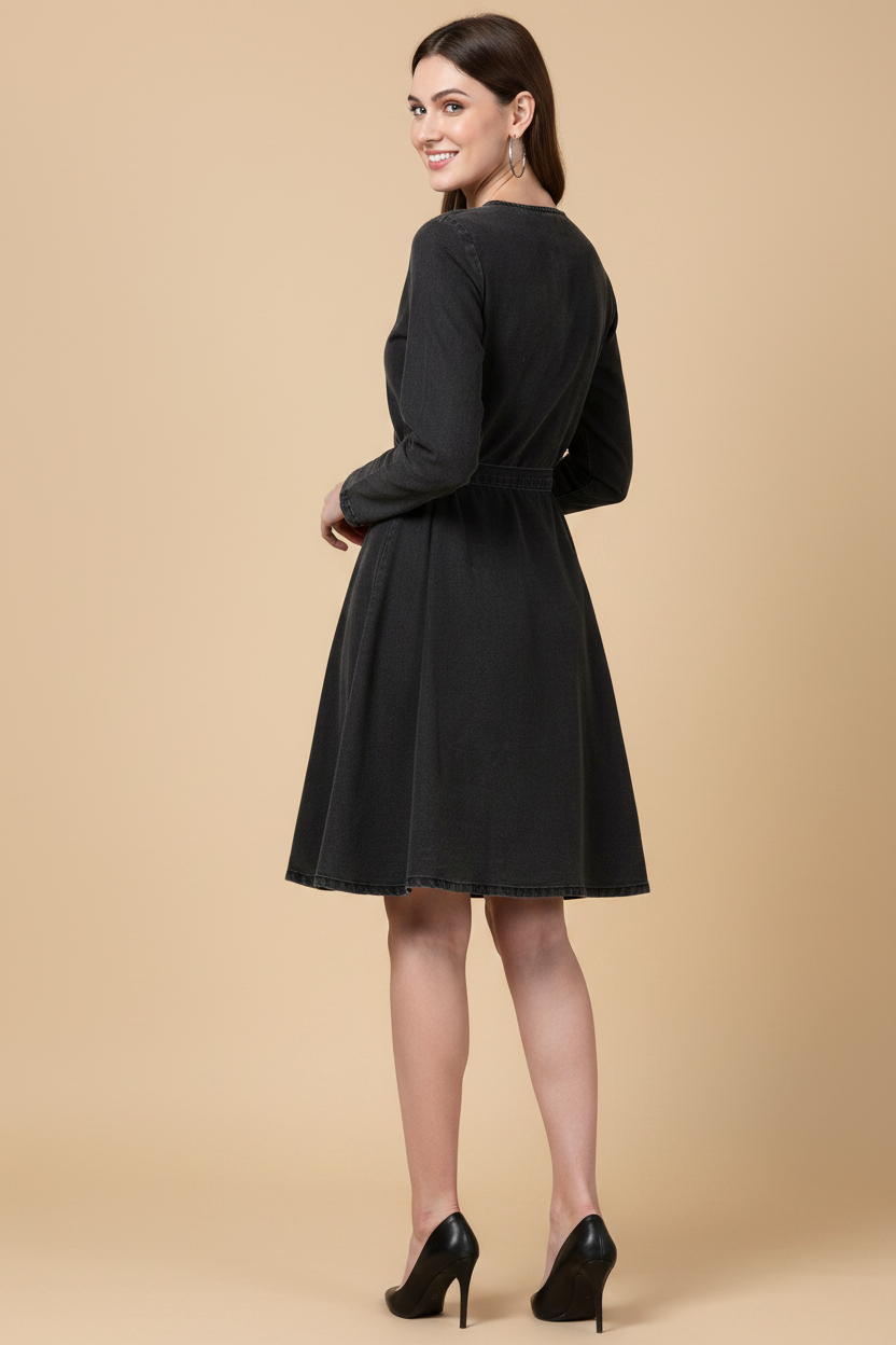 Snuggle Spot Women's Denim Washed Long Sleeves Dress (Black)