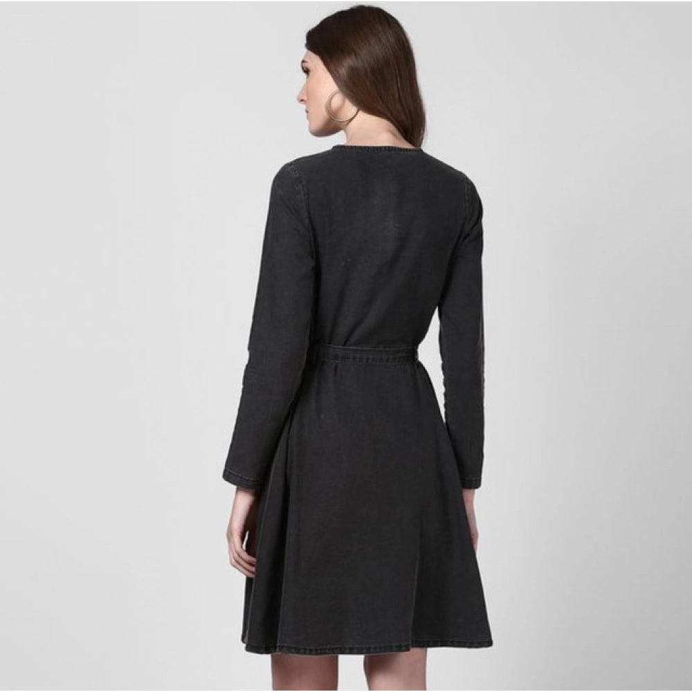 Snuggle Spot Women's Denim Washed Long Sleeves Dress (Black)