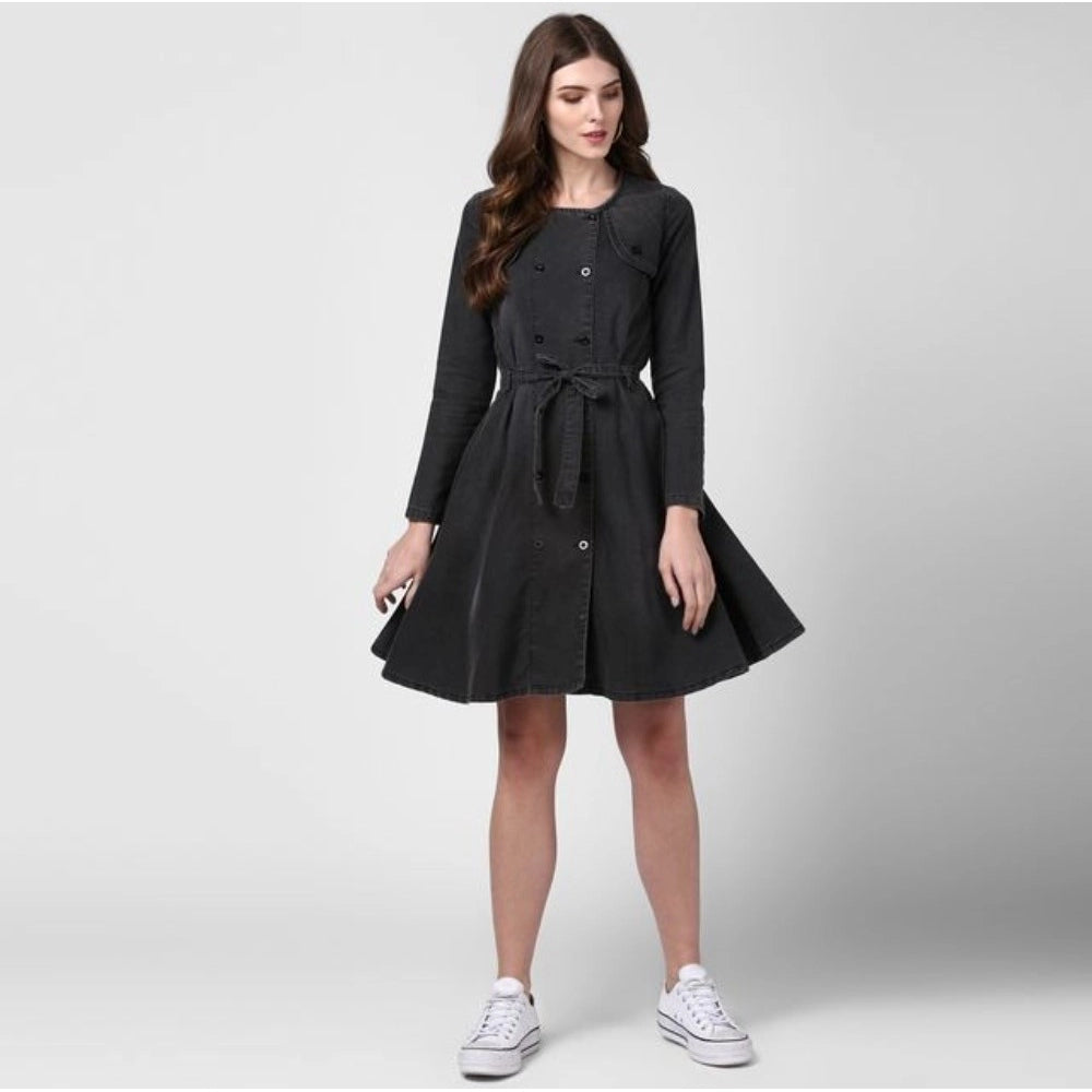 Snuggle Spot Women's Denim Washed Long Sleeves Dress (Black)