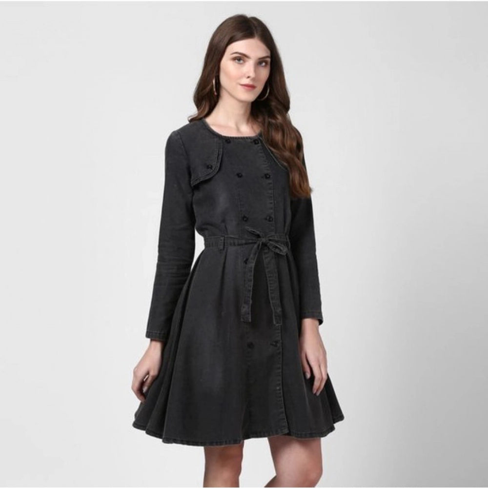 Snuggle Spot Women's Denim Washed Long Sleeves Dress (Black)