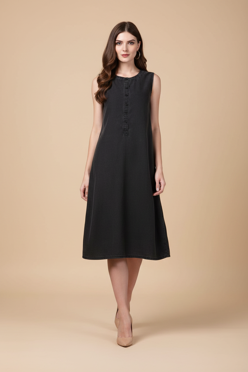 Snuggle Spot Women's Denim Solid Sleeveless Dress (Black)