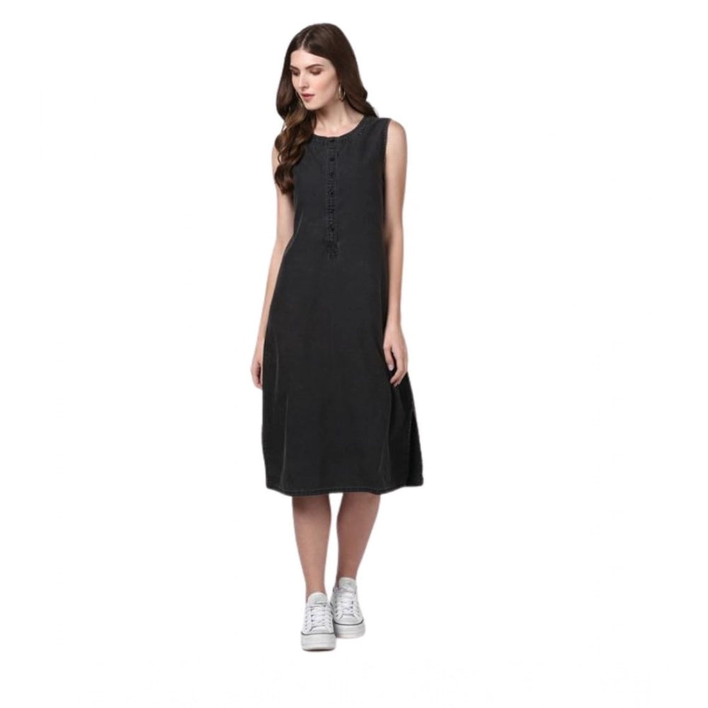 Snuggle Spot Women's Denim Solid Sleeveless Dress (Black)