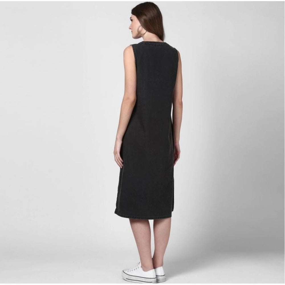 Snuggle Spot Women's Denim Solid Sleeveless Dress (Black)