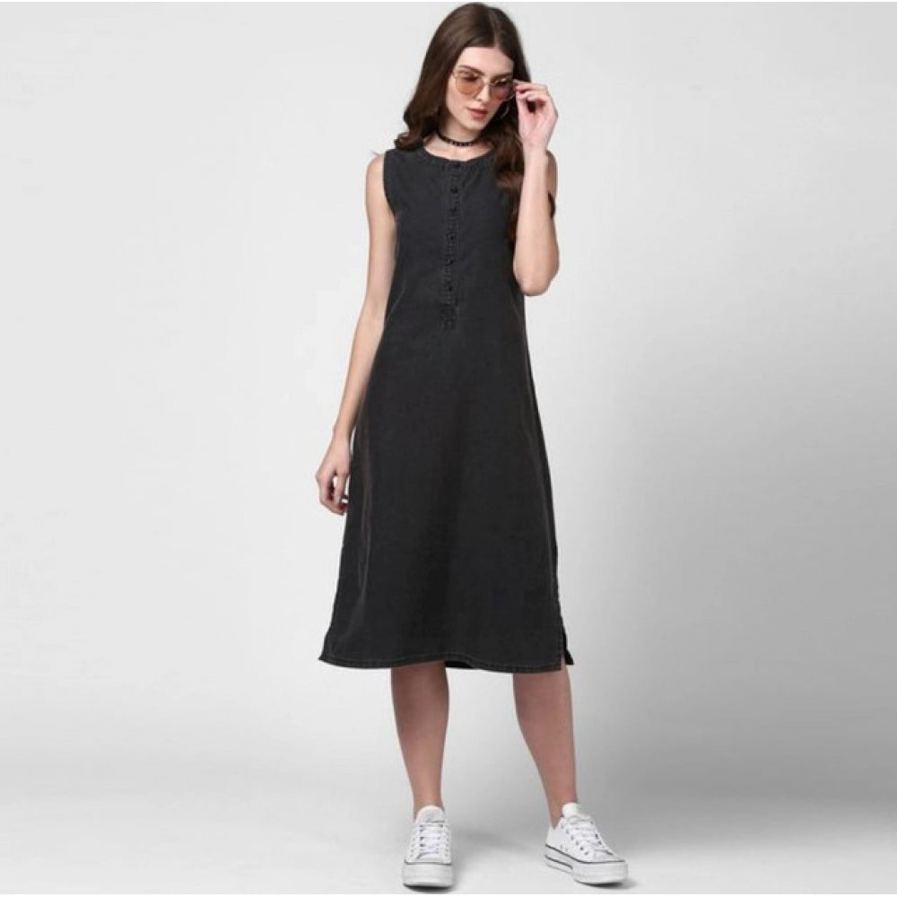 Snuggle Spot Women's Denim Solid Sleeveless Dress (Black)