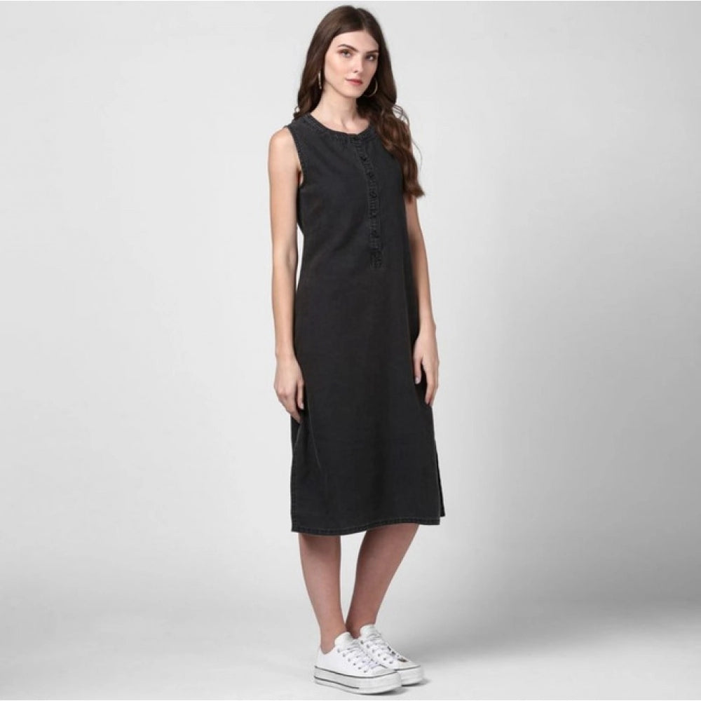 Snuggle Spot Women's Denim Solid Sleeveless Dress (Black)