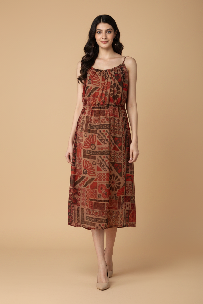 Snuggle Spot Women's Polyester Printed Shoulder Straps Dress (Maroon - Brown)