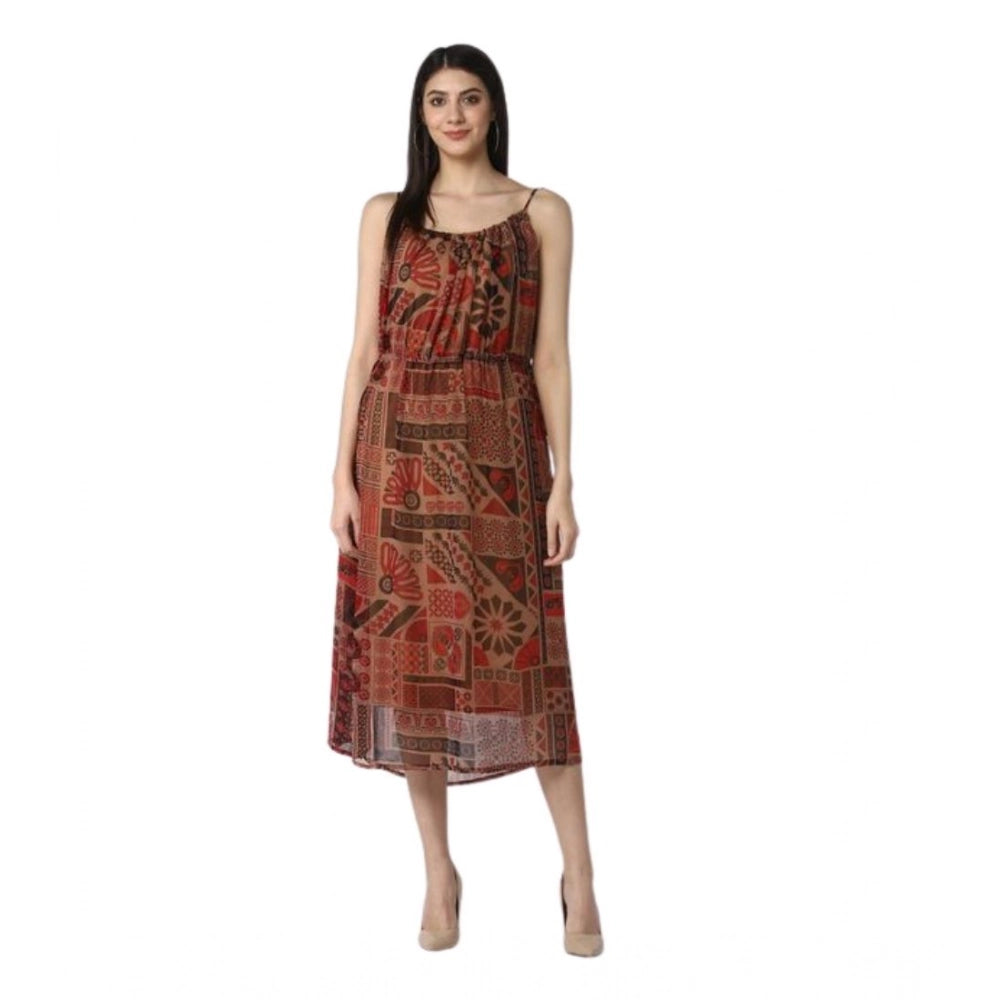 Snuggle Spot Women's Polyester Printed Shoulder Straps Dress (Maroon - Brown)