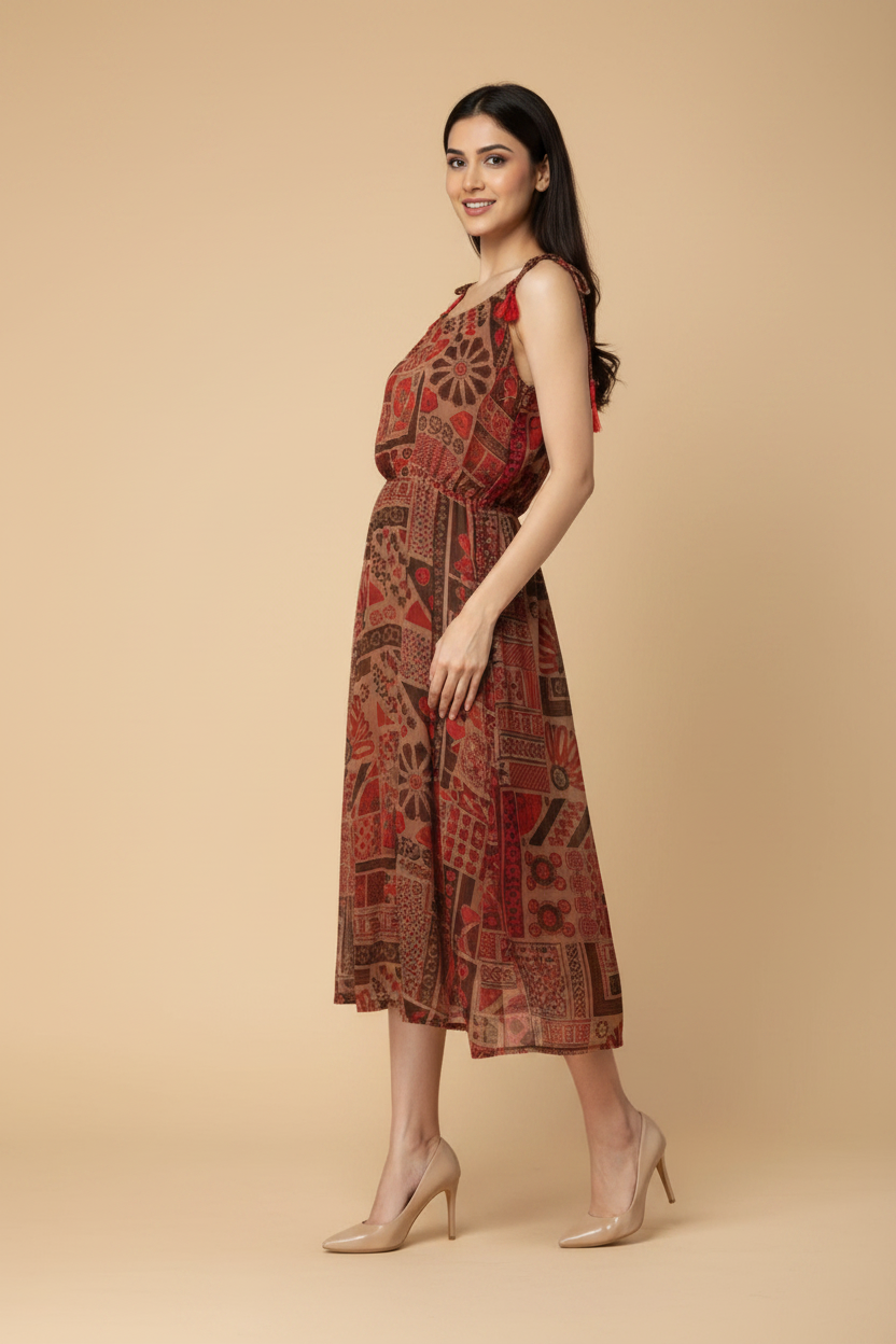 Snuggle Spot Women's Polyester Printed Shoulder Straps Dress (Maroon - Brown)